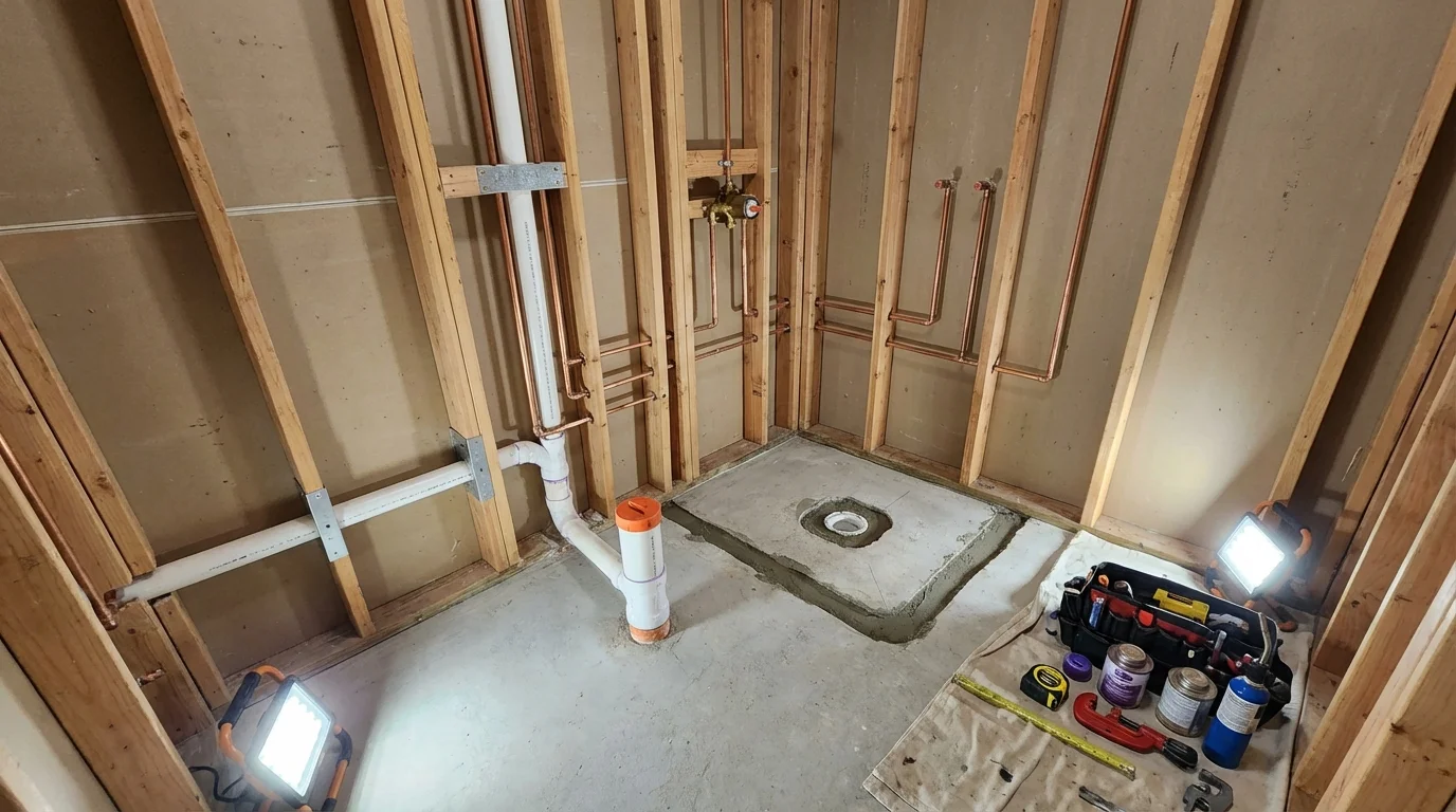 Bathroom rough-in plumbing during remodel by Johns Plumbing LLC in Ryegate