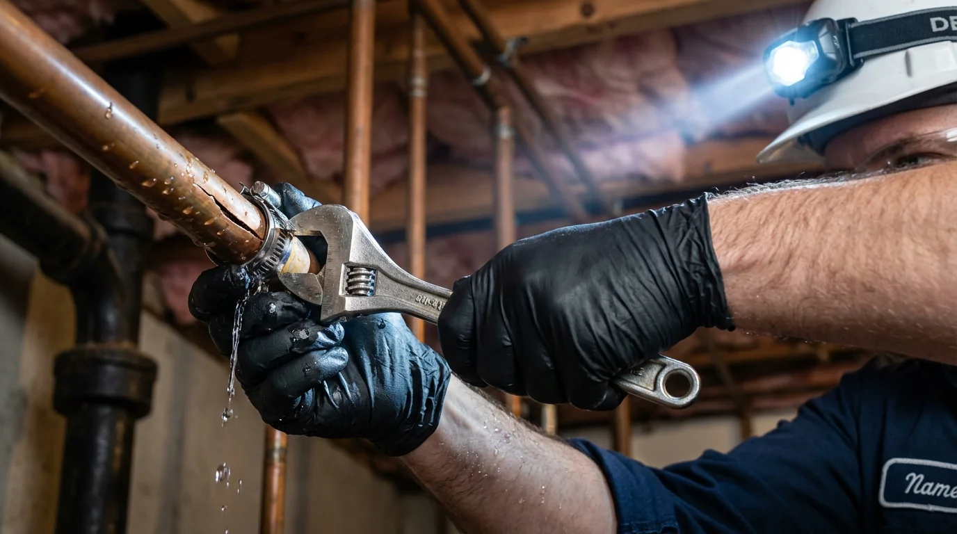Emergency pipe clamp repair being performed by a Johns Plumbing LLC plumber in Ryegate