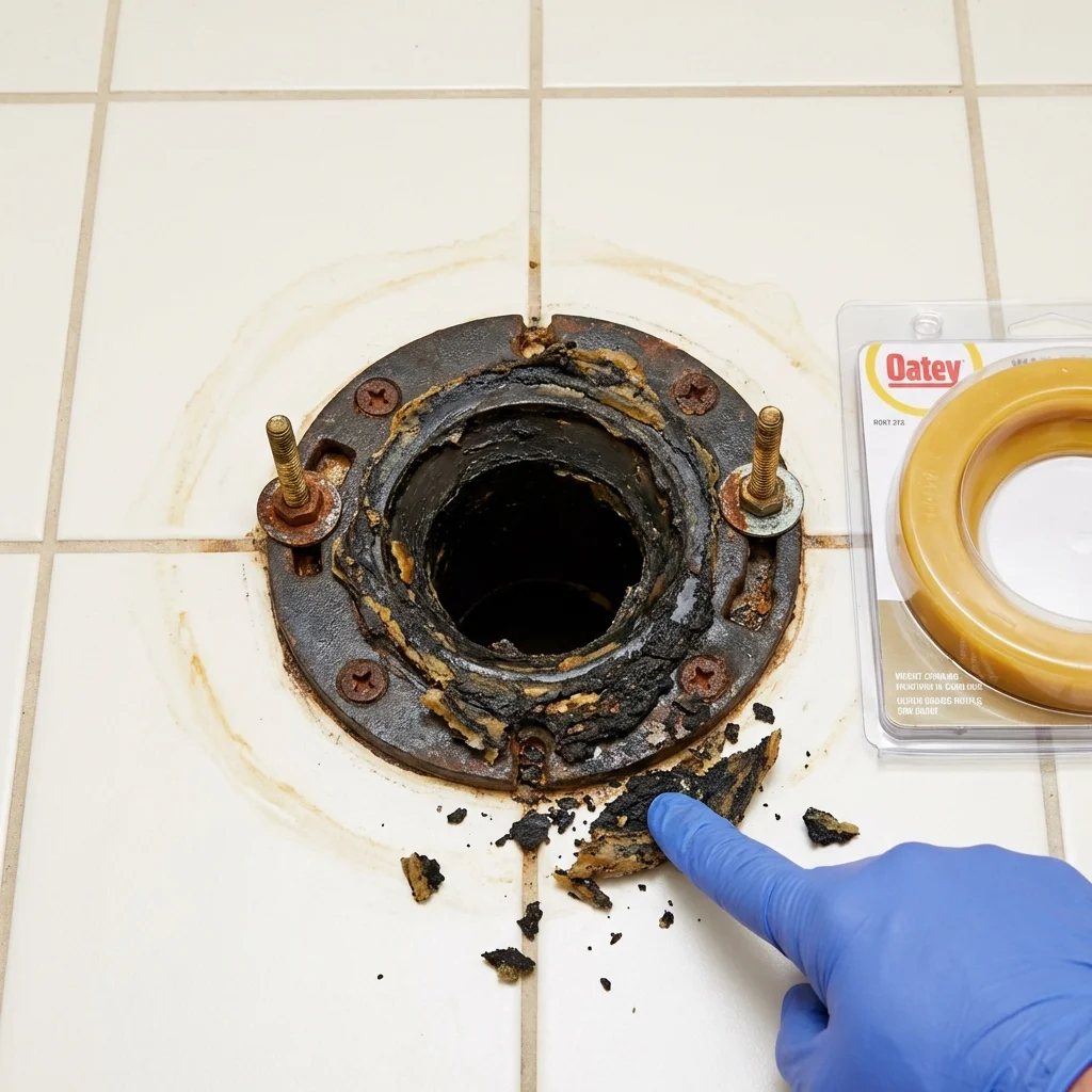 Failed wax ring showing water seepage at the base of a toilet in a Ryegate, MT home