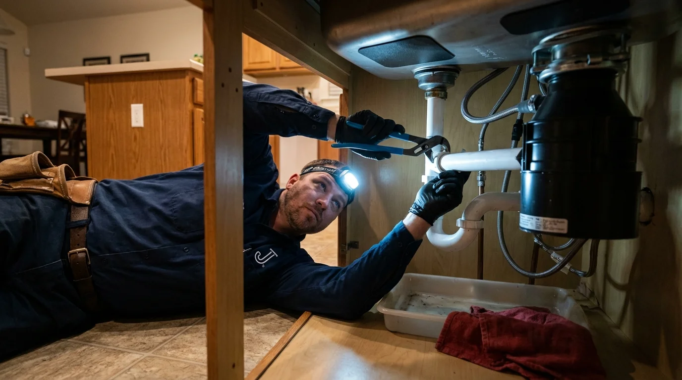 P-trap and supply line connections under a kitchen sink showing a common leak point in Ryegate, MT